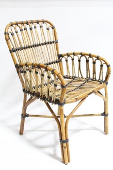 Chair, Rattan, MODERN,INDOOR/OUTDOOR,WRAPPED W/BLACK BINDING, ROUNDED BACK & ARMS , RATTAN, BROWN