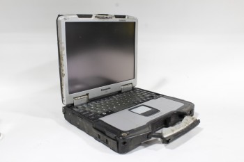 Computer, Laptop, "TOUGHBOOK" INDUSTRIAL/WORK LAPTOP,BLACK HARD CASE AROUND EDGE, AGED , PLASTIC, BLACK