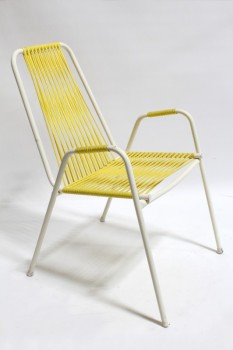 Chair, Lawn, VINTAGE OUTDOOR/LAWN,WHITE METAL TUBULAR FRAME, YELLOW STRINGS, PLASTIC, YELLOW