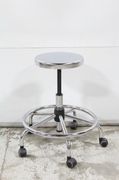 Stool, Stainless, ROUND SEAT, LOWER RING, ROLLING, 5 WHEELS, STAINLESS STEEL, SILVER