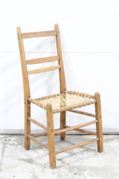 Chair, Child's, ANTIQUE RUSTIC CHILD'S DESK CHAIR, WOVEN HIDE SEAT, WOOD, BROWN