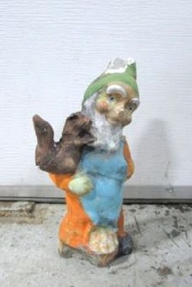 Garden, Gnome, STANDING W/ SQUIRREL ON ARM,  WHITE BEARD, GREEN HAT, ORANGE AND BLUE CLOTHES, FADED, CHIPPED, CRACKED, CONCRETE, MULTI-COLORED