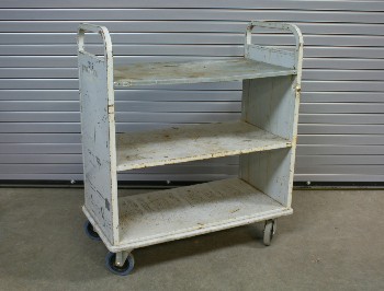 Cart, Library, BOOK CART WITH 3 LEVELS, ROUNDED END HANDLES, DISTRESSED, ROLLING, METAL, GREY