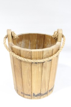 Bucket, Wood , SLATS, SLIGHTLY TAPERED, MISSING BANDS, ROPE HANDLE, WOOD, BROWN