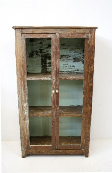 Cabinet, Wood, BOOKSHELF W/2 DOORS (NO GLASS), 2 SHELVES, DISTRESSED GREEN PAINT, AGED, WOOD, BROWN