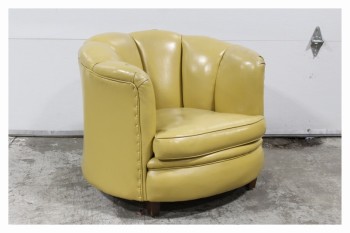 Chair, Armchair, VINTAGE, SCALLOPED W/PIPING, TACK TRIM, ROUNDED, WOOD LEGS, VINYL, YELLOW