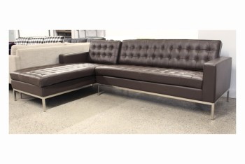 Sofa, Sectional, MODERN, RIGHT SECTIONAL, BUTTON TUFTED, POLISHED STAINLESS LEGS -  Photos Show Entire Sectional, LEATHER, BROWN