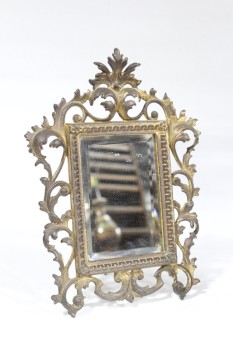 Mirror, Decorative, ANTIQUE, ORNATE GOLD COLOURED FRAME W/PATINA, BEVELLED GLASS, TABLETOP, METAL, GOLD