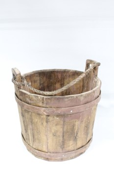 Bucket, Wood , SLATS, BANDS, ROPE HANDLE, AGED, WOOD, BROWN