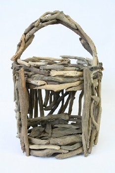 Cage, Wood, RUSTIC BASKET/CAGE MADE OF PIECES OF DRIFTWOOD, HANDLE & 1 SIDE OPENING, WOOD, NATURAL