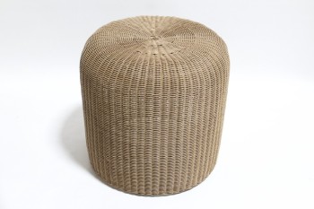 Table, Side, WOVEN BASKET TABLE, NESTING POUF (SET OF 3), BOTTOM OPEN, COULD BE END TABLE, STOOL OR BIN, WICKER, BROWN