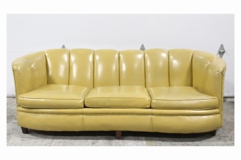 Sofa, Three Seat, VINTAGE COUCH, SCALLOPED W/PIPING, TACK TRIM, ROUNDED, WOOD LEGS, VINYL, YELLOW