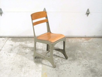 Chair, School, VINTAGE, INDUSTRIAL, WOODEN SEATING AND BACKING, METAL, GREY