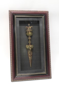 Wall Dec, Shadow Box, FRAMED ORNATE BRASS SWORD W/FACES, HORSES, WOOD, BROWN