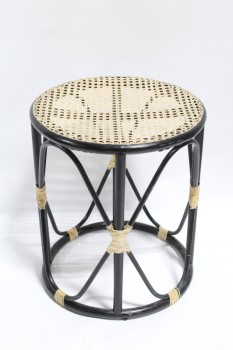 Table, Side, CYLINDRICAL SHAPE W/CANING TOP, WRAPPED CORNERS, WOOD, BLACK