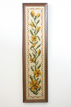 Wall Dec, Stitched, CLEARABLE, NEEDLEPOINT, YELLOW FLOWERS W/LEAVES, BROWN WOOD FRAME, VINTAGE, EMBROIDERY, MULTI-COLORED