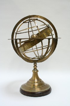 Globe, Tabletop, ARMILLARY SPHERES/GLOBE, RINGS ON WOOD BASE, BORDER OF ASTROLOGICAL SIGNS, METAL, BRASS