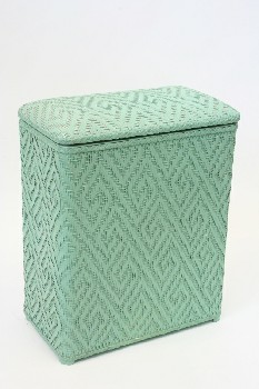 Laundry, Hamper, HOUSEHOLD CLOTHES HAMPER W/HINGED LID, VINTAGE, WICKER, GREEN