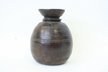 Vase, Wood, GROOVED BANDS, LARGE CRACK, RUSTIC, ANTIQUE, WOOD, BROWN