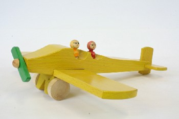 Toy, Vehicle, AIRPLANE W/GREEN PROPELLER, 2 PASSENGERS, WOOD, YELLOW