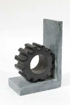 Bookend, Shapes, INDUSTRIAL,1 LG BLACK GEAR ON GREY BASE, STONE, BLACK