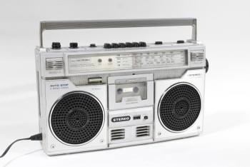 Audio, Cassette Player, 1980s BOOMBOX STEREO W/RADIO, SINGLE CASSETTE TAPE DECK, SLIGHTLY AGED , METAL, GREY