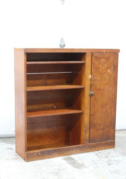 Shelf, Wood, VINTAGE BOOKSHELF W/SIDE CABINET, 1 LONG CUPBOARD W/DOOR (NO INTERIOR SHELVES), AGED, USED, WOOD, BROWN