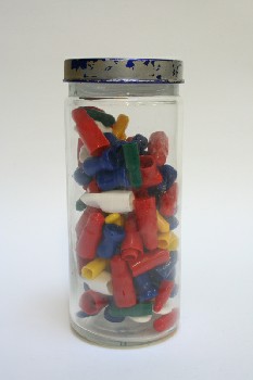 Decorative, Dressed Jar, FILLED W/COLOURED PLASTIC TIPS, SILVER/BLUE SCREW TOP, GLASS, MULTI-COLORED