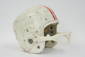 Headwear, Helmet, FOOTBALL HELMET W/2 RED STRIPES & PLASTIC FACE GUARD, PLASTIC, WHITE