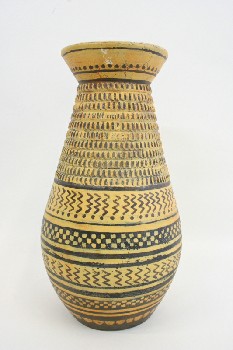 Vase, Terracotta, BORDERS OF BROWN LINES & ZIGZAG SHAPES, STRIPES, FLAT TOP, TERRA COTTA, YELLOW