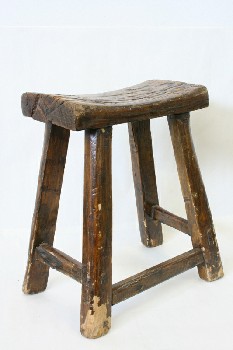 Stool, Rustic , CURVED LOG TOP, FLARED LEGS, TRESTLE ON 1 SIDE, RUSTIC, AGED, WOOD, BROWN