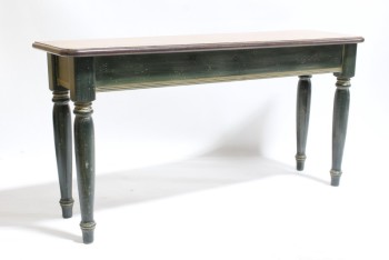 Table, Console, SOFA / HALL, GREEN PLAIN APRON & TURNED LEGS, FLAT BACK / ROUNDED FRONT, BROWN WOOD TOP, WOOD, GREEN