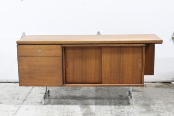 Credenza, Office, CREDENZA, 2 DRAWERS & CABINET W/SLIDING DOORS, TOP & BACK PIECES EXTEND SLIGHTLY, METAL LEGS, WOOD, BROWN