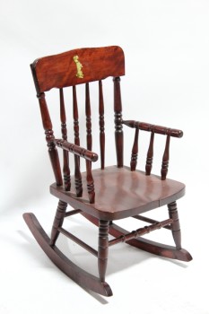 Chair, Child's, SMALL VINTAGE ROCKER W/ARMS, TURNED SPINDLES, KID SIZE, DOG ON SEAT BACK, WOOD, BROWN