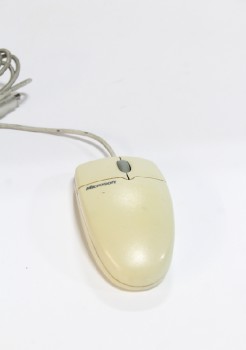 Computer, Mouse, OLD TECH, SCROLL WHEEL, DOUBLE BUTTONS, YELLOWED, AGED, USED, PLASTIC, OFFWHITE