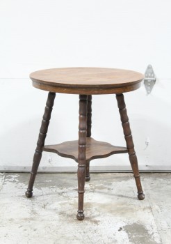 Table, Side, TABLE / STAND, OLD OR EARLY STYLE / ANTIQUE, ROUND TOP, TURNED ANGLED LEGS, LOWER SHELF W/SCALLOPED EDGE, WOOD, BROWN