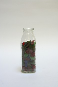 Decorative, Bottle, FILLED 3/4 W/COLOURED BEACH GLASS PIECES,TAPED TOP, GLASS, MULTI-COLORED
