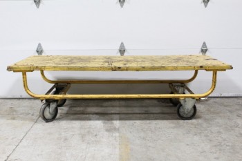 Cart, Misc, VINTAGE, INDUSTRIAL, POST OFFICE / MAIL CART FLAT DECK, CURVED LOWER FRAME,  ROLLING, AGED, METAL, YELLOW