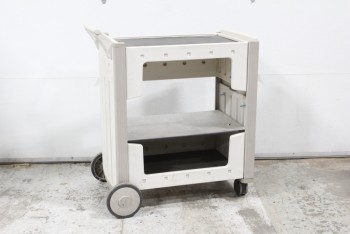Cart, Misc, UTILITY CART, 3 LEVELS (1 ADDED SHELF, NOT ORIGINAL), 1 HANDLE, ROLLING W/2 LARGE & 2 SMALL WHEELS, AGED, PLASTIC, GREY