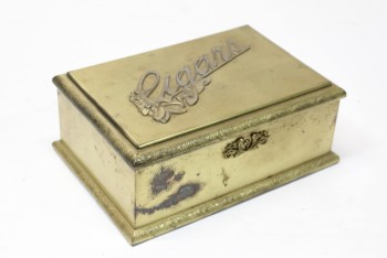 Box, Decorative, CIGAR BOX W/HINGED LID, "CIGARS" IN EMBOSSED SCRIPT ON LID, TARNISHED, AGED, METAL, BRASS