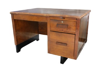 Desk, Wood, 1 LG & 1 SM DRAWER W/WOOD PULLS,PULL OUT SHELF, DARKER BROWN TOP & LEGS , WOOD, BROWN