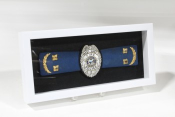 Wall Dec, Shadow Box, CLEARED, 2 MILITARY/POLICE SHOULDER PATCHES W/BRASS DETAILS, FIRE/POLICE CHIEF BADGE, INSIGNIA DISPLAY, WHITE FRAME W/BLACK BACKING, WOOD, WHITE