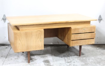 Desk, Wood, MID CENTURY MODERN, DOUBLE PEDESTAL, 1 DOOR, 3 DRAWERS, FLOATING TOP, AGED, WOOD, BROWN