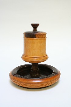 Ashtray, Tabletop, ROUND W/CYLINDRICAL CONTAINER & LID,TWO-TONED, WOOD, BROWN