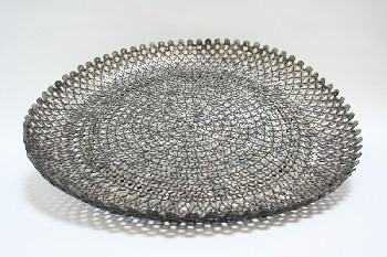 Decorative, Tray, BUTTONS THREADED TOGETHER, ROUND, PLATTER-LIKE, HANDMADE SEWN LOOK, PLASTIC, GREY