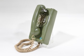 Phone, Rotary, VINTAGE ARMY GREEN W/HANDSET & LINE CORD, WALLMOUNT, 1960s, PLASTIC, GREEN
