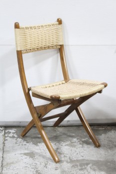 Chair, Folding, WOVEN RUSH / CORDED ROPE SEAT & BACK, FOLDING WOOD FRAME, VINTAGE 1960s SIDE CHAIR, WOOD, BROWN