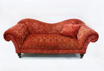 Sofa, Three Seat, TEXTURED DAMASK UPHOLSTERY, ROLL ARMS, FOOTED, BUTTON TUFTED, CURVED BACK, WOOD FRAME, W/1 CUSHION, FABRIC, RED
