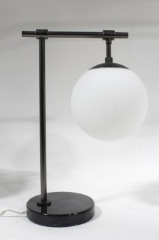 Lighting, Lamp, MODERN, GUNMETAL GREY, ROUND FROSTED GLASS ORB GLOBE (ATTACHED), 7" ROUND MARBLE BASE, MARBLE, GREY