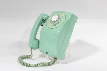 Phone, Rotary, VINTAGE SEAFOAM GREEN W/SIDE MOUNT HANDSET & LINE CORD, WALLMOUNT, 1960s, PLASTIC, GREEN